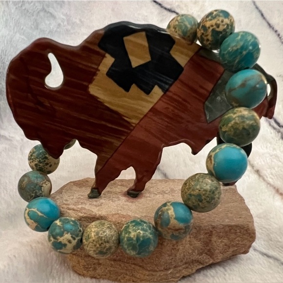 ❤️ 12mm Real Sea Sediment Jasper Bracelet Size 6.5+Adj Great w Native Jewelry - Picture 1 of 9